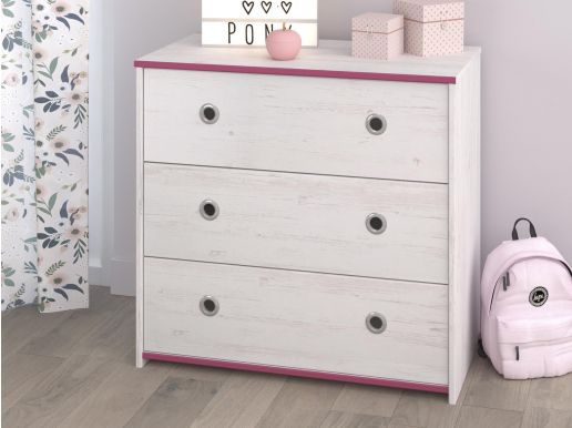 Commode SMOOKIE 3 lades witte pijnboom/roze