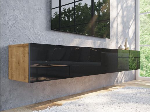 Tv-meubel KINGSTON 2 klapdeuren 210 cm gouden eik/hoogglans zwart zonder salontafel
