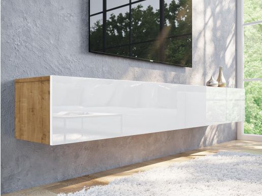 Tv-meubel KINGSTON 2 klapdeuren 210 cm gouden eik/hoogglans wit zonder salontafel