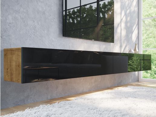 Tv-meubel KINGSTON 2 klapdeuren 280 cm gouden eik/hoogglans zwart zonder salontafel