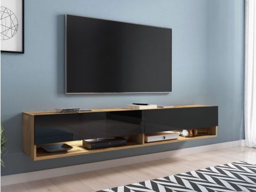 TV-meubel ACAPULCO 2 klapdeuren 180 cm wotan eik/hoogglans zwart met led