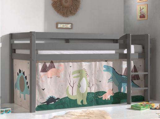 Bed ALIZE halfhoogslaper 90x200 cm grijs pijnboom tent Dinosaurus