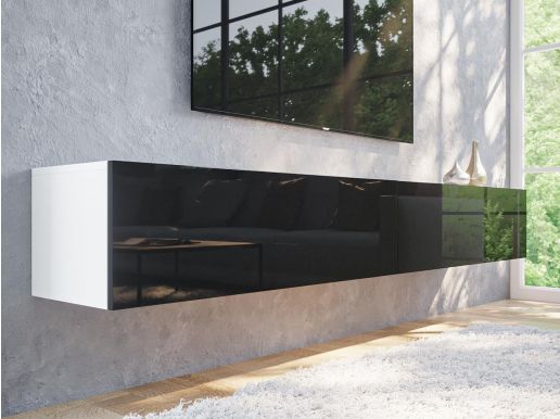Tv-meubel KINGSTON 2 klapdeuren 210 cm wit/hoogglans zwart zonder salontafel
