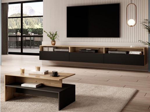 Tv-meubel BABEL II 3 deuren 3 vakken artisan eik/zwart met salontafel