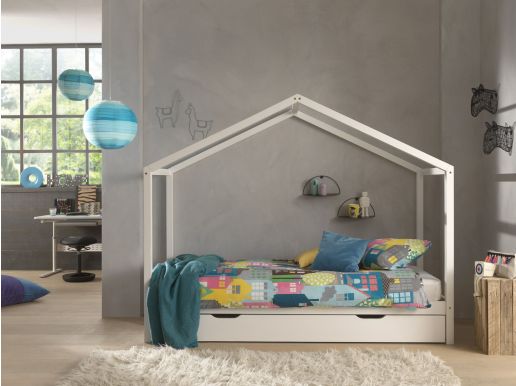 Huisbed DALTON 90x200 cm witte pijnboom met bedlade