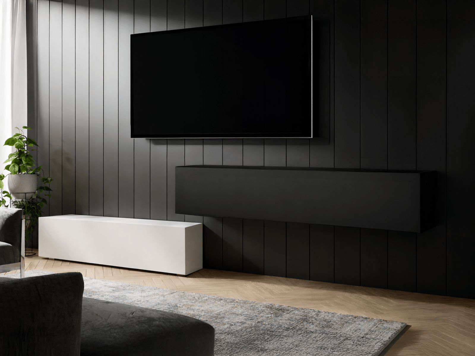 Tv-meubel KINGSTON DUO 2 klapdeuren 280 cm mat wit/mat zwart