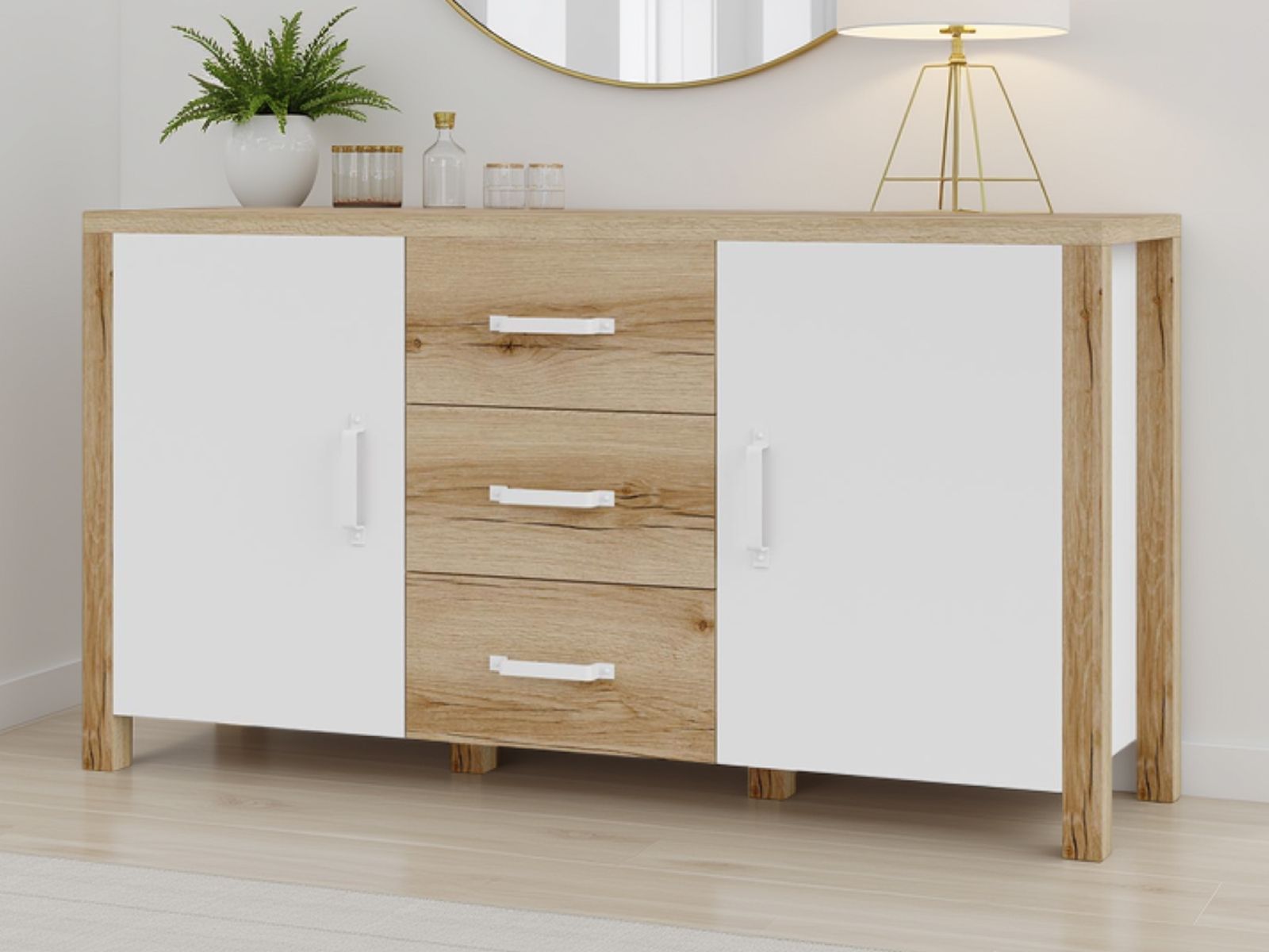 Dressoir OLIANNE 2 deuren 3 lades natuurlijke eik/wit afbeelding