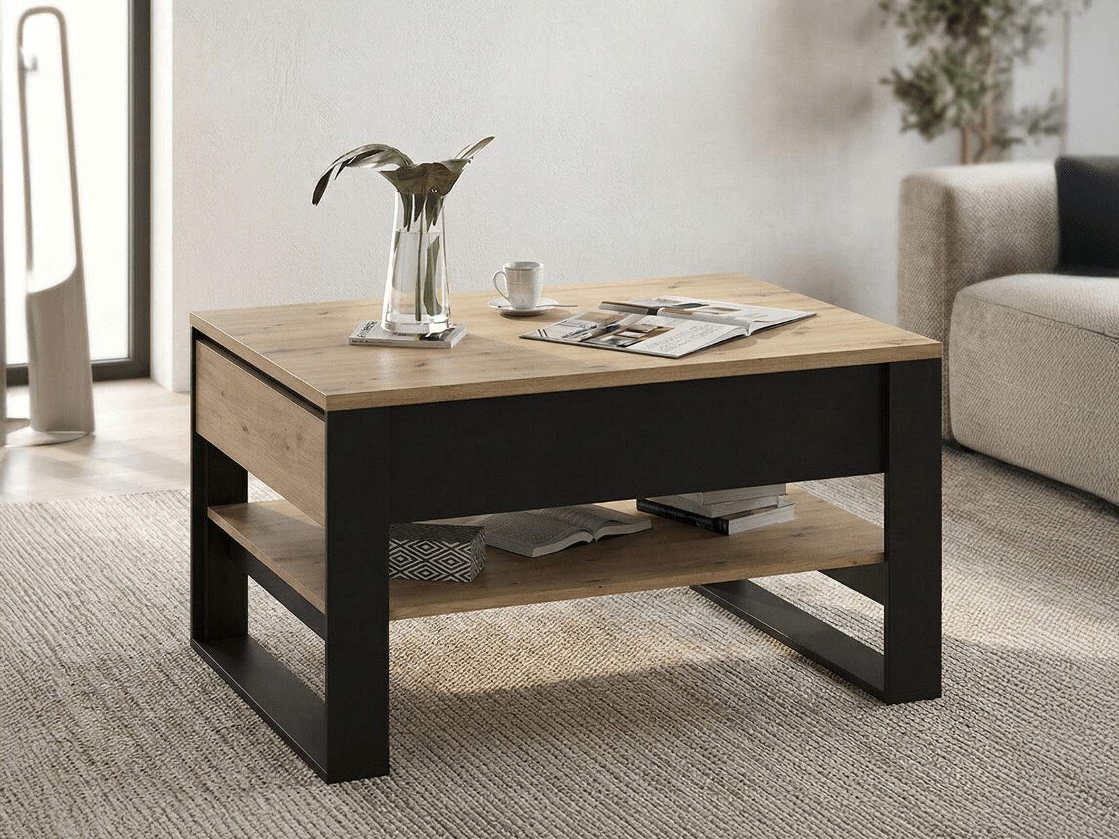 Salontafel QUANTINO 2 lades eik artisanaal/zwart